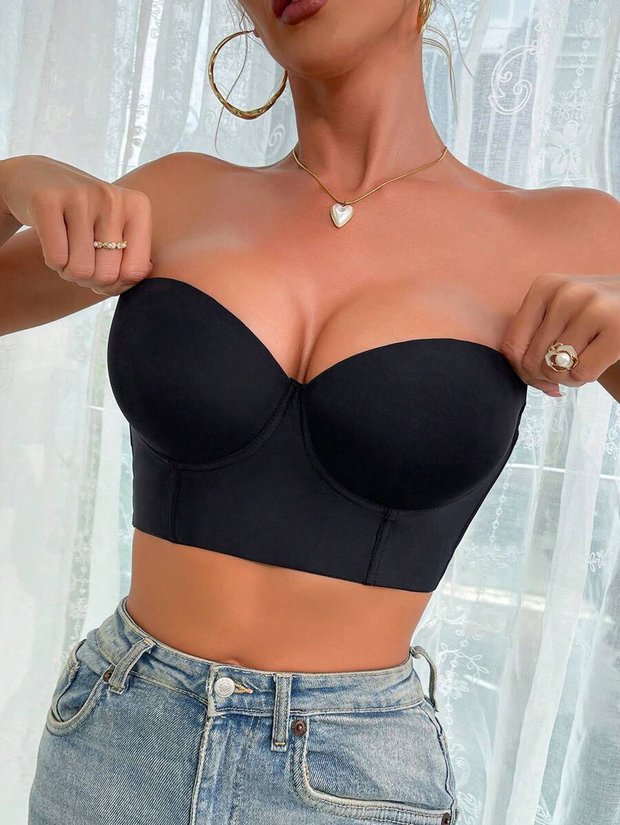Black Strapless Casual Plain Crop Top Bra With Cup Detail And Slight Stretch Fabric For Women - Black - View 1