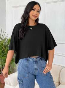 SHEIN EZwear Plus Solid Batwing Sleeve Tee - Black - View 4