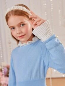 SHEIN 女大童1入組拼接荷葉邊毛衣洋裝 - 藍色 - 查看 3