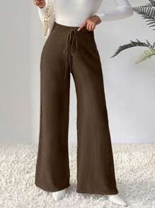 SHEIN LUNE Drawstring Waist Wide Leg Sweater Pants - Coffee Brown - View 3