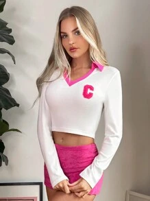 SHEIN EZwear 字母貼布拼接領短款T恤 - 白色 - 查看 3