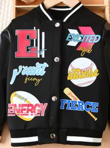 SHEIN 女小童字母圖案條紋飾邊學院風夾克 - 黑色 - 查看 6