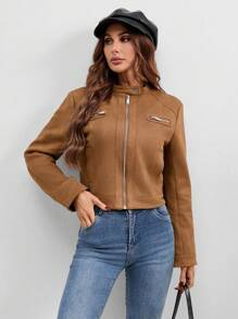 Aveloria Raglan Sleeve Zip Up Suedette Jacket Fall Cloth For Women - Mocha Brown - View 6