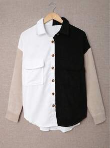 DOKOTOO Colorblock Flap Pocket Drop Shoulder Corduroy Coat - Black and White - View 5