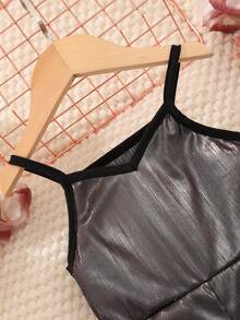 SHEIN Young Girl Contrast Binding Metallic Cami Jumpsuit - Black - View 3