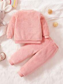 Baby Girl Cartoon Embroidery Flannel Sweatshirt & Pants - Pink - View 2