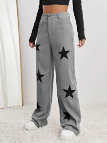 SHEIN EZwear Star Print Wide Leg Pants - Grey - View 5
