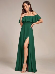 Off Shoulder Ruffles Sleeve Side Split A-Line Chiffon Dark Green Bridesmaid Dress Wedding Guest Dress For Wedding Vacation Graduation - Dark Green - View 2