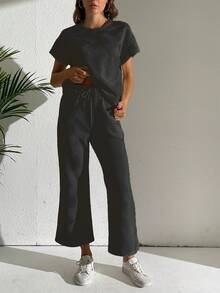Solid Batwing Sleeve Tee & Drawstring Waist Pants - Black - View 3