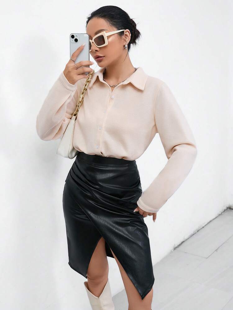 Solid Button Front Shirt Fall Cloth For Women