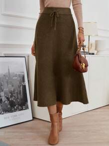 SHEIN Clasi 腰部抽繩針織短裙 - 棕色 - 查看 3