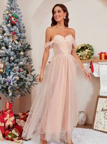 YUMIBRAVO Off Shoulder Mesh Overlay Cocktail Dress - Coral Pink - View 1