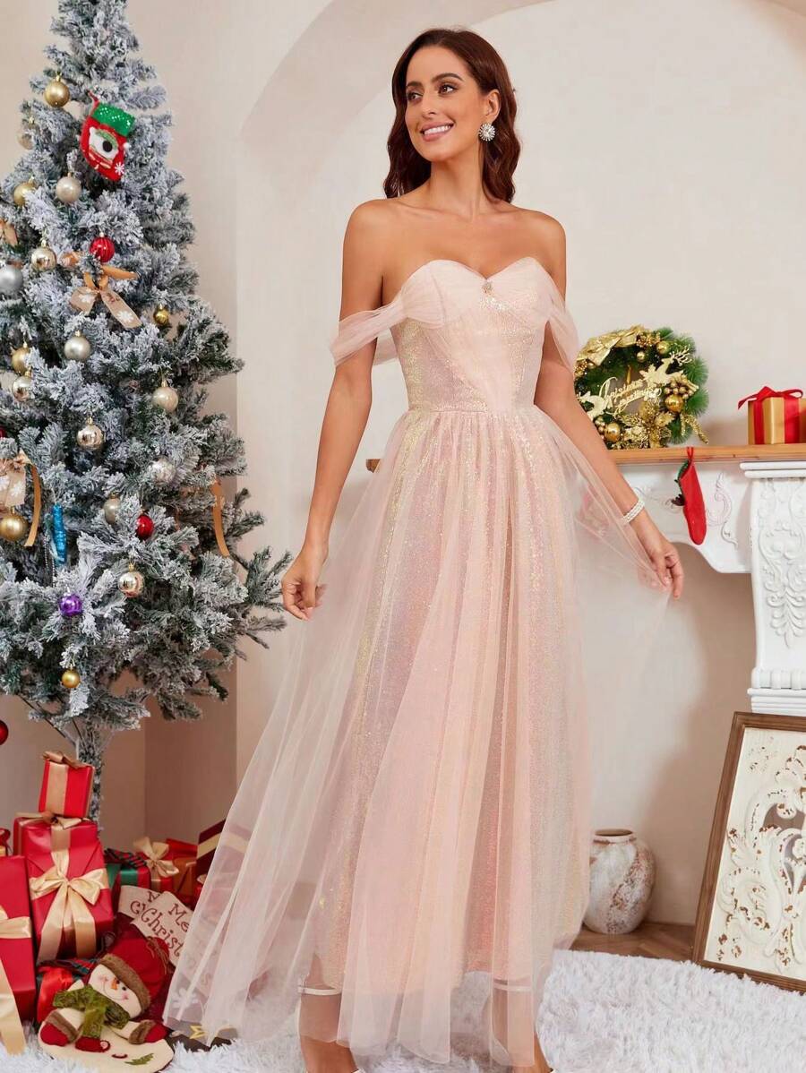 YUMIBRAVO Off Shoulder Mesh Overlay Cocktail Dress - Coral Pink - View 1