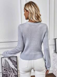 SHEIN LUNE Suéter de punto con botones a la mitad y diseño de calado para otoño e invierno - Azul - Ver 2
