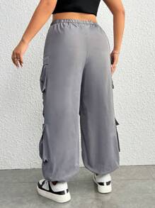 SHEIN EZwear 大碼側翻蓋口袋工裝褲 - 灰色 - 查看 2
