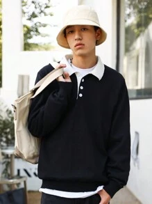 Manfinity Hypemode Hombres Jersey de cuello en contraste de hombros caídos - Negro - Ver 4