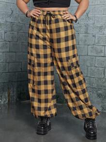 ROMWE PUNK 大碼格紋印花腰部抽繩側翻蓋口袋工裝褲 - 彩色 - 查看 6