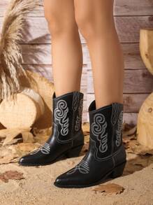 Styleloop 西式牛仔靴女款黑色中筒靴，刺繡和白色線細節尖頭，女士牛仔靴 - 黑色 - 查看 7
