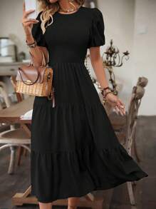 EMERY ROSE Solid Ruffle Hem A-Line Dress Maxi Vacation Beach Outfits Women - Black - View 5