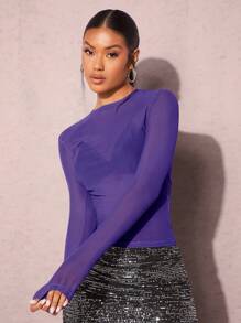 SHEIN BAE Solid Sheer Mesh Top Without Bra - Purple - View 4