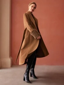 MOTF PREMIUM WOOL-BLEND FAUX FUR CUFF COAT - Camel - View 4