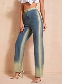 SHEIN BAE 高腰漸層直筒牛仔褲 - 深色水洗藍 - 查看 5