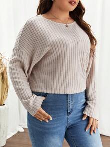 SHEIN Frenchy Talla grande Camiseta de hombros caídos tejido de canalé - Albaricoque - Ver 5