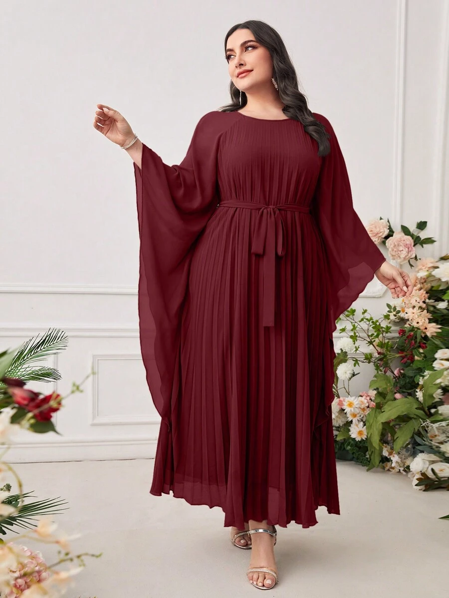 Modelyn Burgundy Red Plus Solid Pleated Belted Dress - Burgundy - View 1