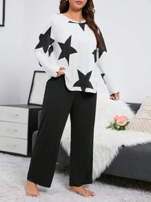 Plus Star Print PJ Set - White - View 4