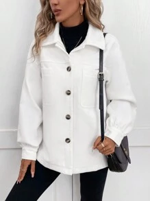 SHEIN LUNE Drop Shoulder Pocket Patched Overcoat - Red and White - View 5