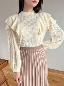 FRIFUL Solid Ruffle Trim Tee Long Sleeve Women Tops - Beige - View 3