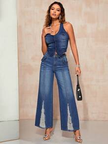 SHEIN BAE Ripped Wide Leg Jeans - Dark Wash - View 5