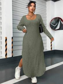 Flirla Plus Split Thigh Dress Maxi Women Outfit - Army Green - View 3