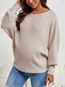 SHEIN 孕婦蝙蝠翼袖羅紋針織T恤 - 卡其色 - 查看 5