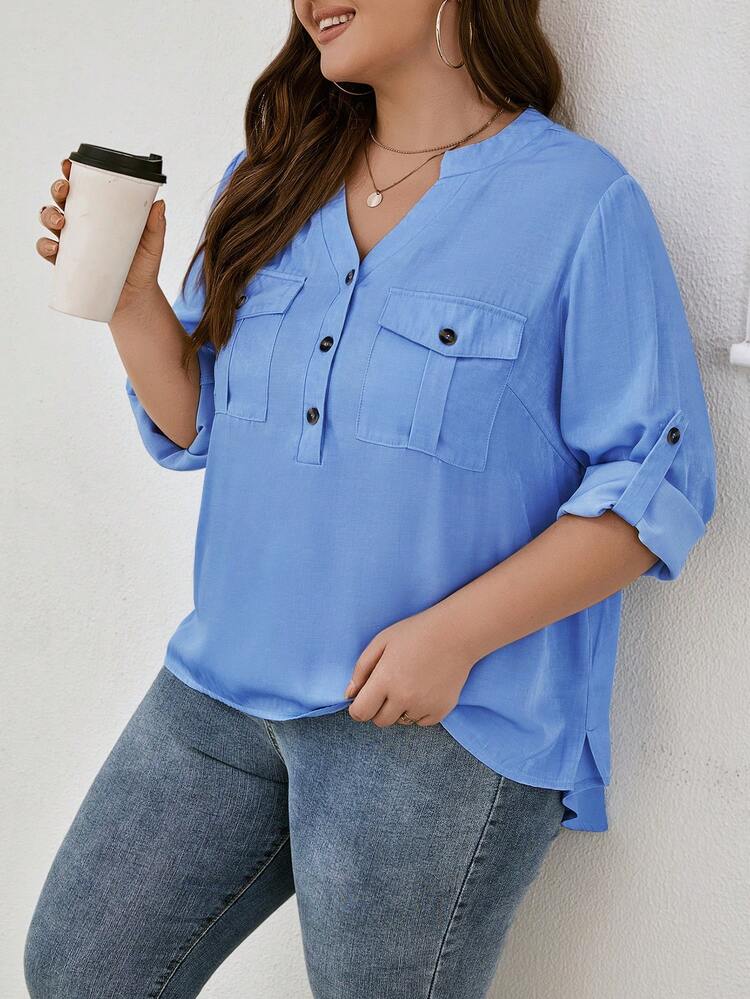 Plus Flap Pocket Half Button Flap Pocket Blouse