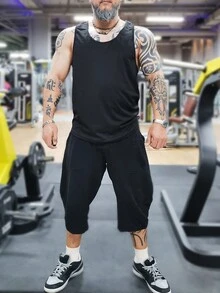 男士字母圖案雙色撞色滾邊運動背心 - 彩色 - 查看 4