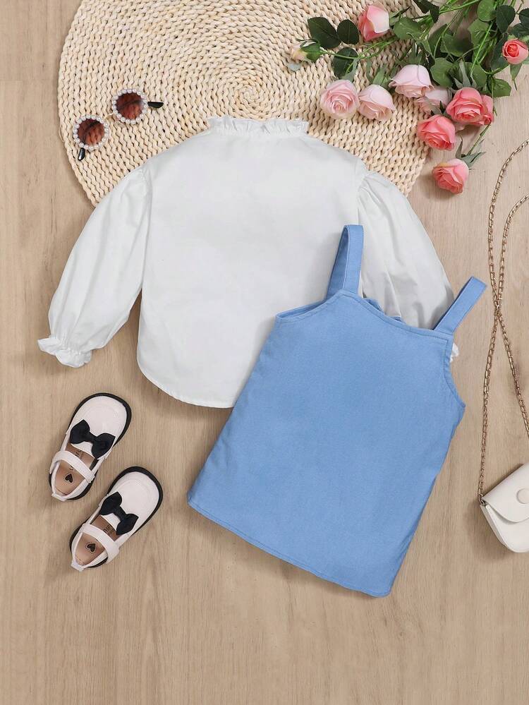 Baby Girl Frill Trim Blouse & Button Front Overall Dress