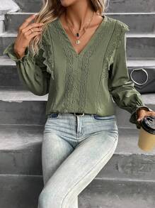 SHEIN Frenchy Guipure Lace Insert Flounce Sleeve Blouse - Green - View 4