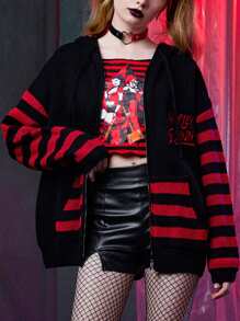 Harley Quinn | ROMWE Cardigan righe & motivo lettera spalle cadenti con zip con cappuccio - Multicolore - Visualizzare 4