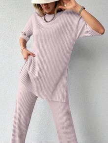 EURMUSE 落肩袖下擺開叉T恤和褲子 - 藕粉色 - 查看 4