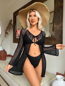 鏤空前繫帶和服罩衫 - 黑色 - 查看 2