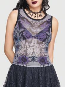 ROMWE Goth Butterfly Print Tank Top Without Bra - Black - View 6