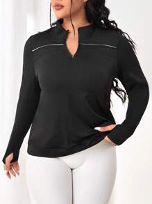 SHEIN Yoga Basic Plus Half Zip Thumb Holes Sports Sweatshirt - Black - View 1