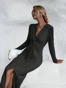 SHEIN Clasi Twist Front Ribbed Knit Dress - Black - View 1