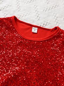 SHEIN 女大童毛茸邊亮片緊身洋裝適用於聖誕 - 紅色 - 查看 3