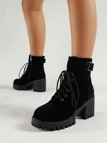 Bốt cổ ngắn buộc dây gót dày thời trang thu/đông cho nữ, bốt có khóa kéo bên hông, bốt đi xe máy đa năng - màu đen - Xem 3