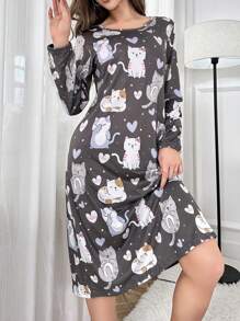 卡通貓圖案睡裙 - 彩色 - 查看 3