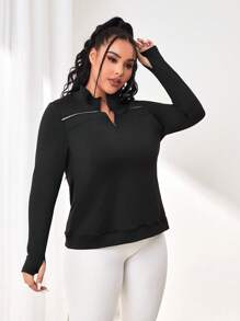 SHEIN Yoga Basic Plus Half Zip Thumb Holes Sports Sweatshirt - Black - View 5