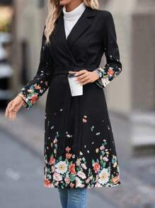 EMERY ROSE Floral Print Lapel Collar Slant Pocket Overcoat Fall Cloth For Women - Black - View 4