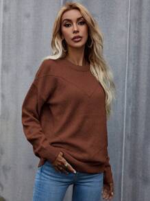EMERY ROSE Solid Drop Shoulder Knit Pullover Fall Winter Sweater - Brown - View 5